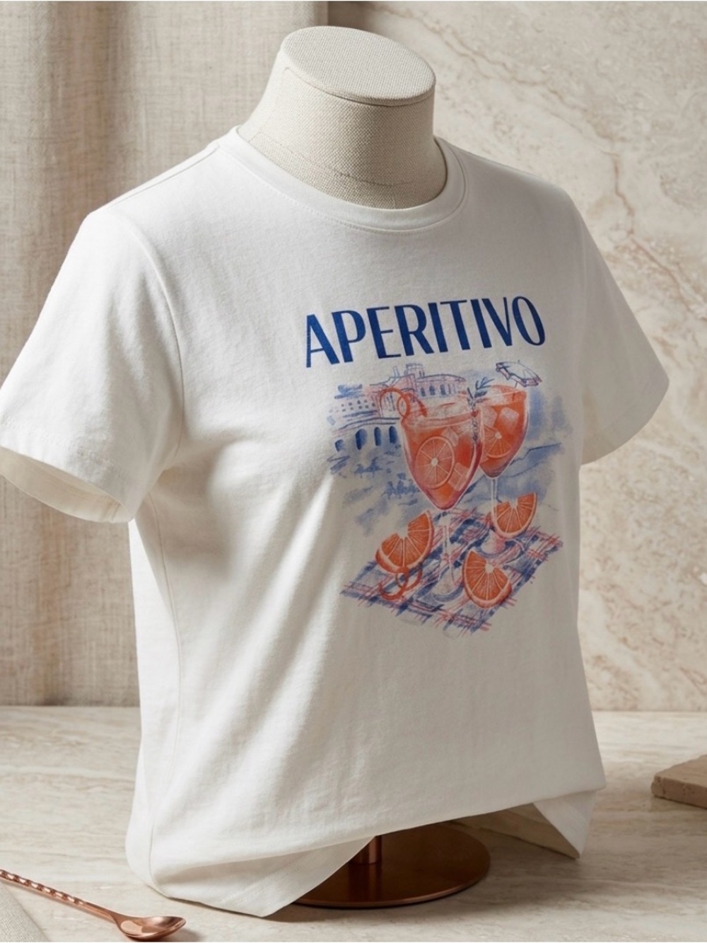 Talbots White Graphic Tee with Orange & Blue Aperitivo Print